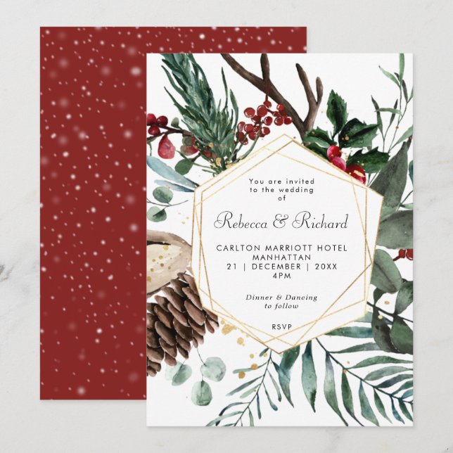 winter floral geometric wedding invitation (Front/Back)