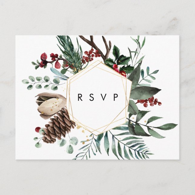 winter floral geometric wedding rsvp postcard (Front)