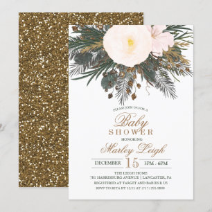 Winter Floral Glitter Baby Shower Invitation