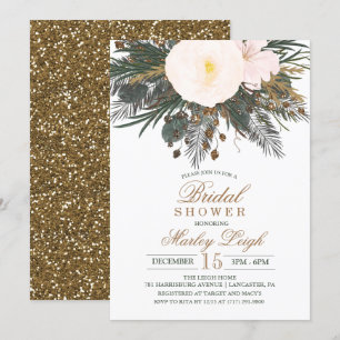 Winter Floral Glitter Bridal Shower Invitation