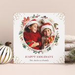 Winter Floral Gold Confetti 2 Photo Square Happy  Holiday Card<br><div class="desc">This charming square card features a blend of winter florals and elegant gold confetti, perfectly encapsulating the spirit of the holidays. Showcase two of your cherished holiday photos, making it a keepsake your loved ones will treasure. With digital download, you can share it with your friends and family on social...</div>