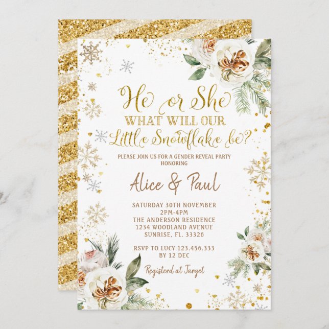Winter Floral Gold Snowflake Gender Reveal  Invitation (Front/Back)