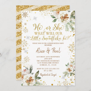 Winter Floral Gold Snowflake Gender Reveal  Invitation