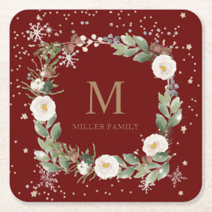 winter floral gold sparkle holiday monogram square paper coaster