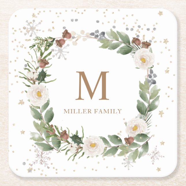 winter floral gold sparkle holiday monogram square paper coaster (Front)