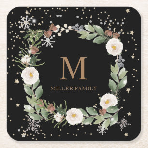 winter floral gold sparkle holiday monogram square square paper coaster