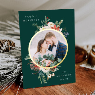 Winter Floral Green and Gold Circle Photo Foil Holiday Card