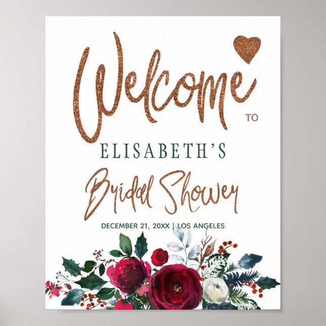 Winter floral green bridal shower welcome sign (Front)