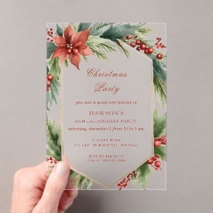 Winter Floral Green Gold Christmas Party Acrylic Invitations