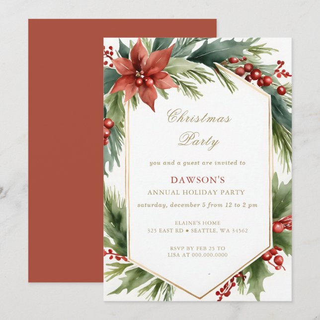 Winter Floral Green Gold Christmas Party Invitation (Front/Back)