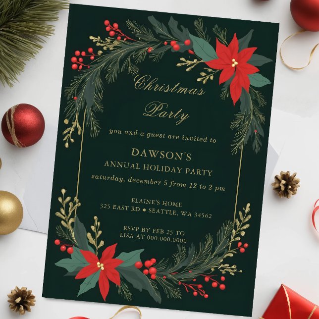 Winter Floral Green Gold Christmas Party Invitation (Winter Floral Green Gold Christmas Party Invitation)