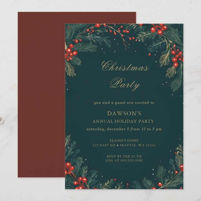 Winter Floral Green Gold Christmas Party Invitation (Front/Back)