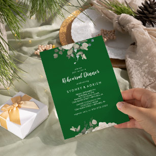 Winter Floral Green Rehearsal Dinner Invitation