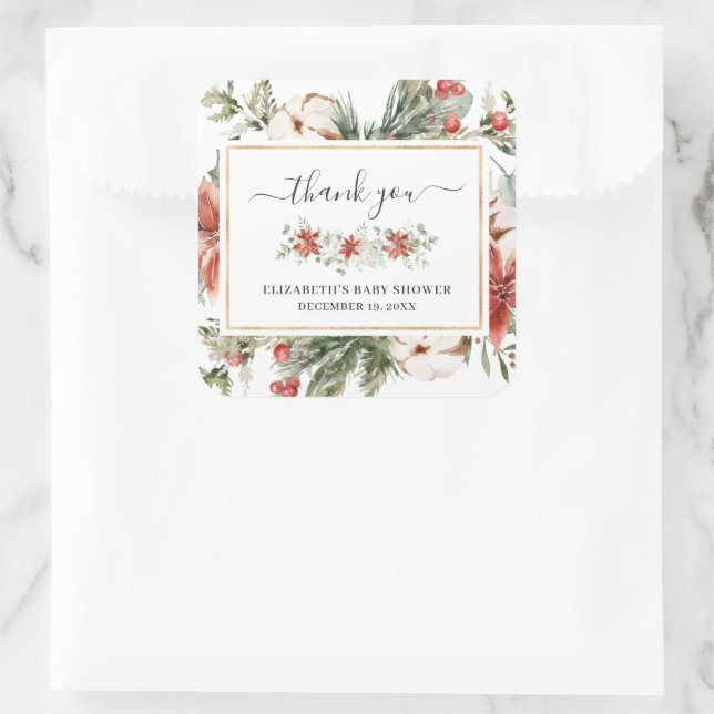 Winter Floral Greenery | Baby Shower Favour Square Sticker (Bag)