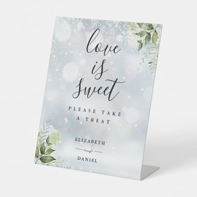 Winter Floral Greenery Love Is Sweet Favour Pedestal Sign (Front)