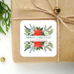 Winter Floral Greenery Merry Christmas Watercolor Square Sticker<br><div class="desc">This personalised holiday sticker features a watercolor bouquets of red and white poinsettias and winter greenery,  including evergreen pine,  blue spruce and eucalyptus sprigs. The words "Merry Christmas" appear in green serif font. Personalise the design with your family name below in red italics.</div>