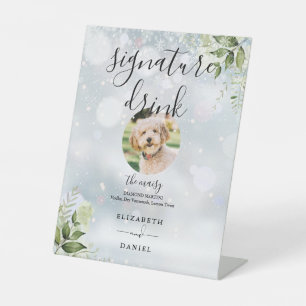 Winter Floral Greenery Wedding Pet Signature Drink Pedestal Sign