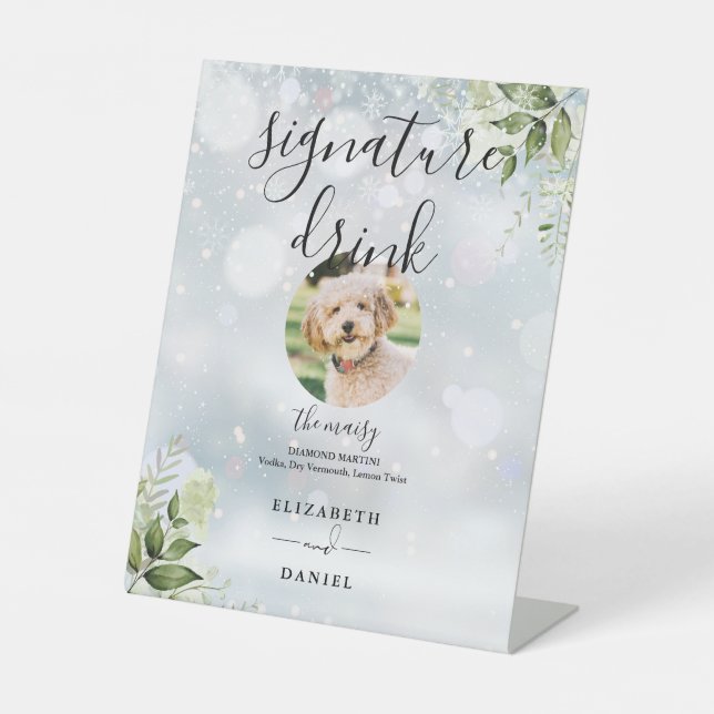 Winter Floral Greenery Wedding Pet Signature Drink Pedestal Sign (Front)
