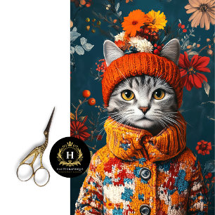 Winter Floral Grey Cat Decoupage  Tissue Paper