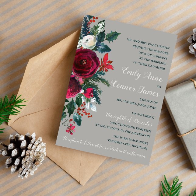 Winter Floral Holiday Christmas December Wedding Invitation (Creator Uploaded)