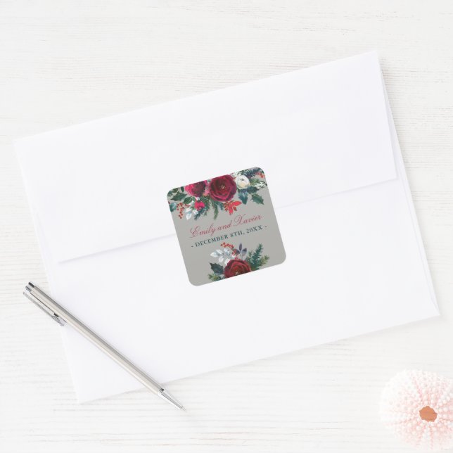 Winter Floral Holiday Christmas December Wedding Square Sticker (Envelope)