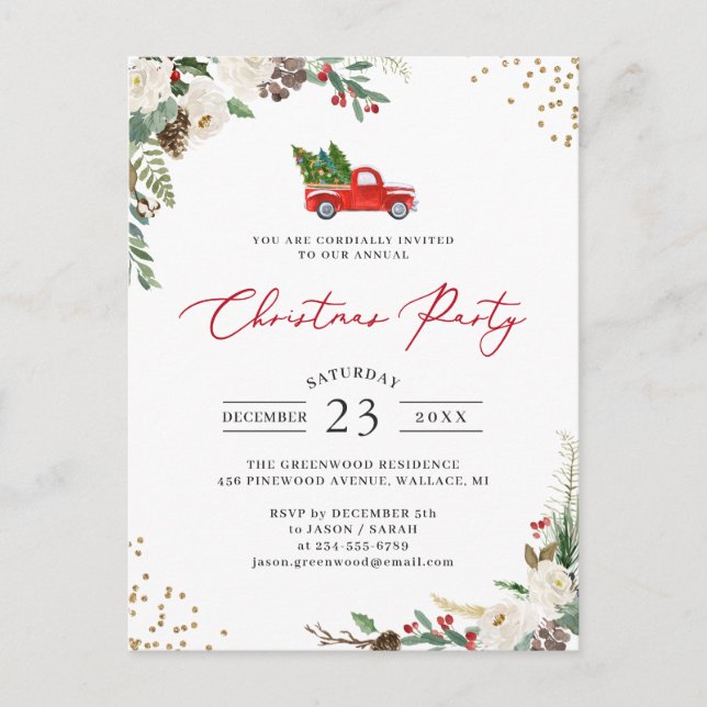 Winter Floral Holly Berries Truck Christmas Party Postcard (Front)