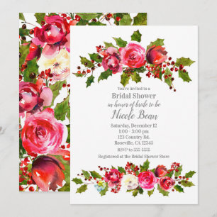 Winter Floral Holly Berry Holiday Bridal Shower Invitation