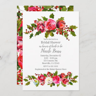 Winter Floral Holly Berry Holiday Bridal Shower Invitation