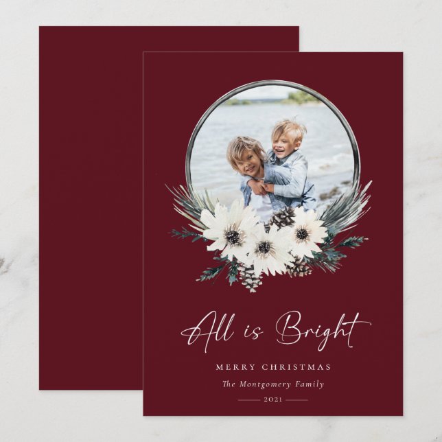 Winter Floral Hoop Wreath Photo Holiday Card (Front/Back)