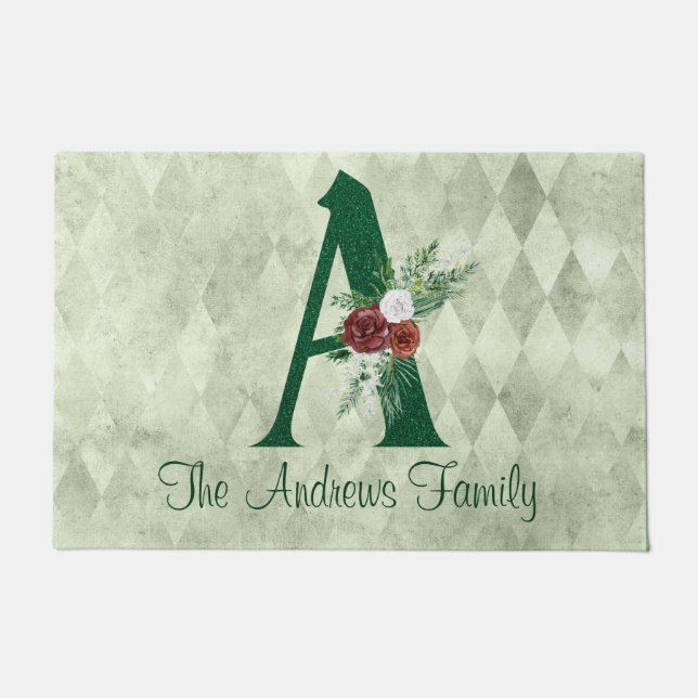 Winter Floral Illustrated Letter A Personalised  Doormat (Front)