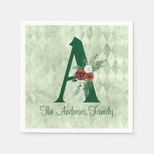 Winter Floral Illustrated Letter A Personalised   Napkin