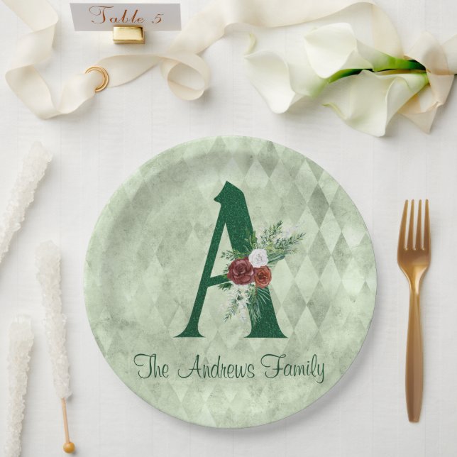 Winter Floral Illustrated Letter A Personalised  Paper Plate (Wedding)