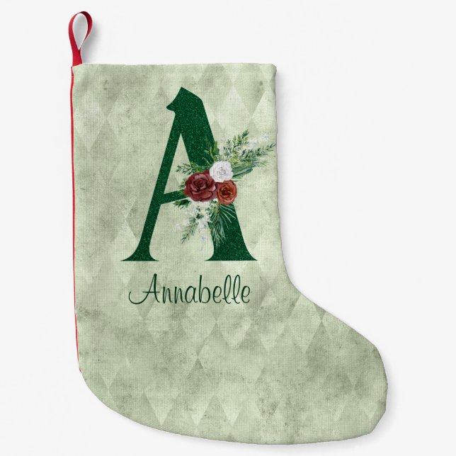 Winter Floral Illustrated Letter A Personalised Small Christmas Stocking (Front)