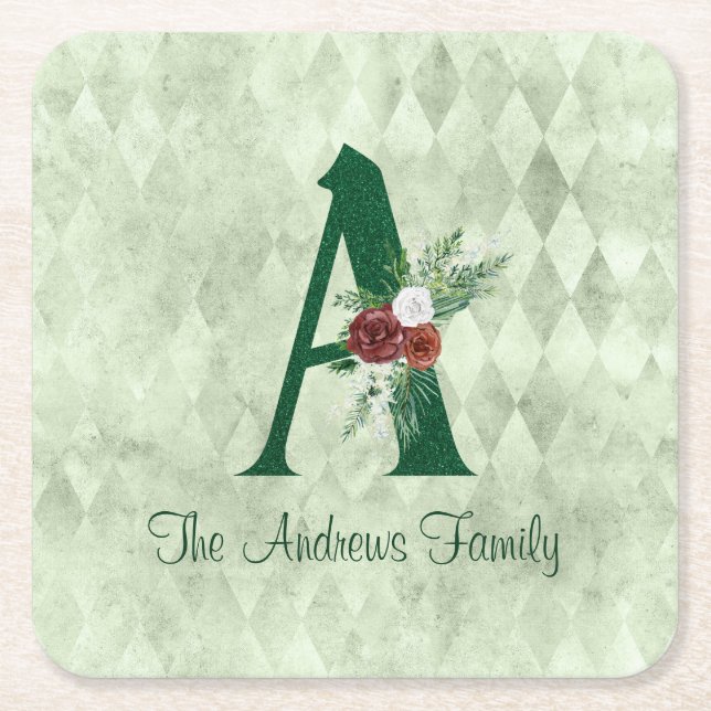 Winter Floral Illustrated Letter A Personalised  Square Paper Coaster (Front)
