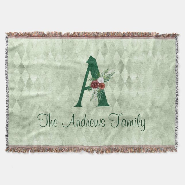 Winter Floral Illustrated Letter A Personalised   Throw Blanket (Front)