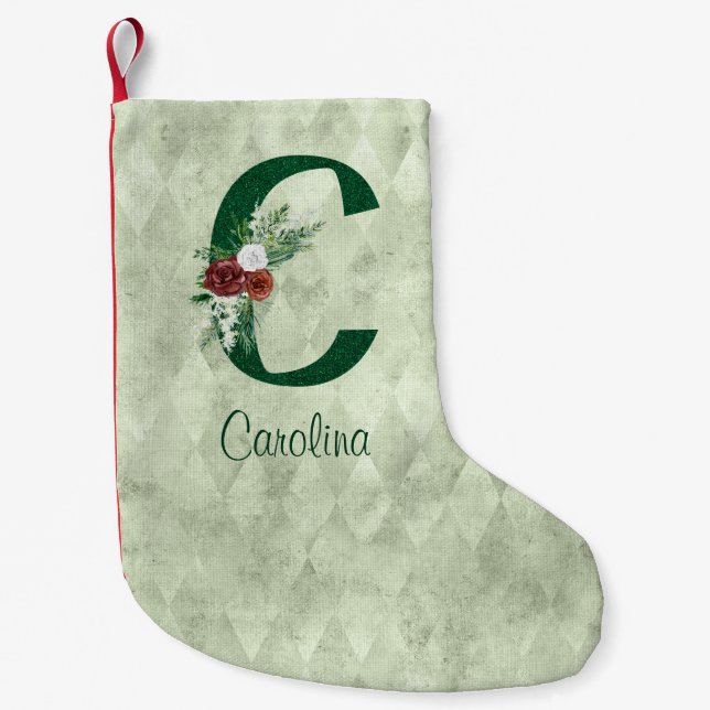 Winter Floral Illustrated Letter C Personalised   Small Christmas Stocking (Front)