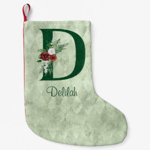 Winter Floral Illustrated Letter D Personalised Small Christmas Stocking