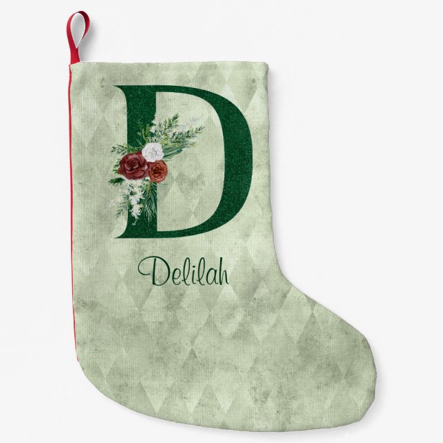 Winter Floral Illustrated Letter D Personalised  Small Christmas Stocking (Front)