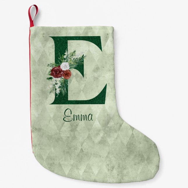 Winter Floral Illustrated Letter E Personalised  Small Christmas Stocking (Front)