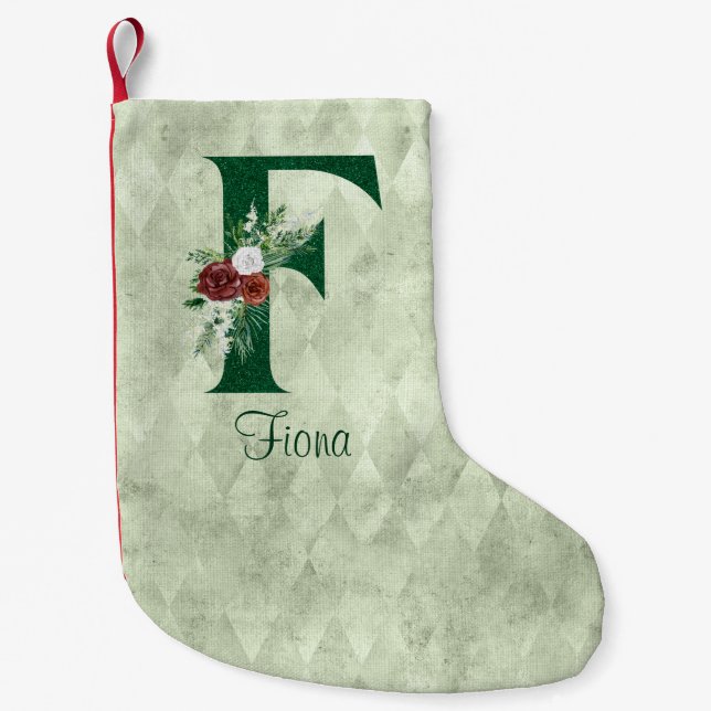 Winter Floral Illustrated Letter F Personalised  Small Christmas Stocking (Front)