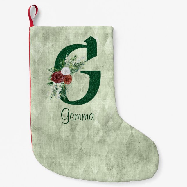 Winter Floral Illustrated Letter G Personalised  Small Christmas Stocking (Front)