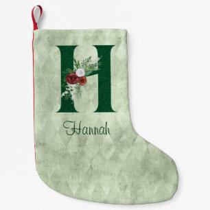 Winter Floral Illustrated Letter H Personalised   Small Christmas Stocking