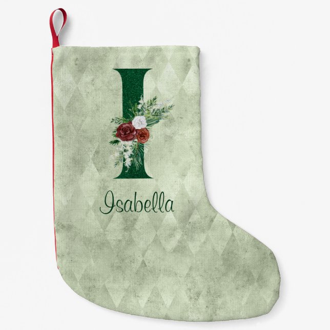 Winter Floral Illustrated Letter I Personalised  Small Christmas Stocking (Front)