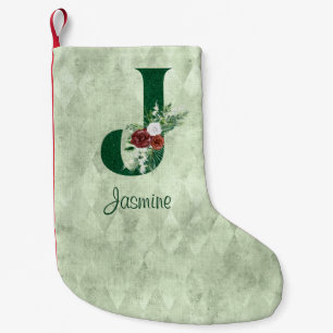 Winter Floral Illustrated Letter J Personalised Small Christmas Stocking