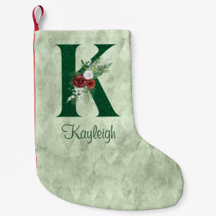 Winter Floral Illustrated Letter K Personalised  Small Christmas Stocking