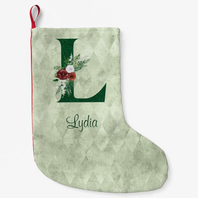 Winter Floral Illustrated Letter L Personalised  Small Christmas Stocking (Front)