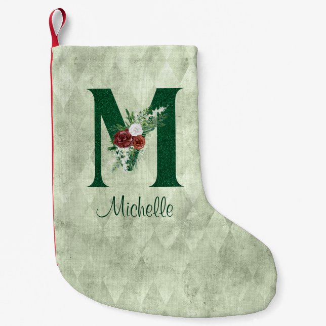 Winter Floral Illustrated Letter M Personalised Small Christmas Stocking (Front)