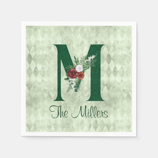 Winter Floral Illustrated Letter M Personalized  Napkin (Front)