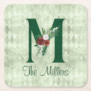 Winter Floral Illustrated Letter M Personalized  Square Paper Coaster
