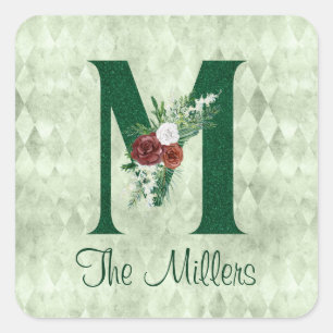 Winter Floral Illustrated Letter M Personalized   Square Sticker